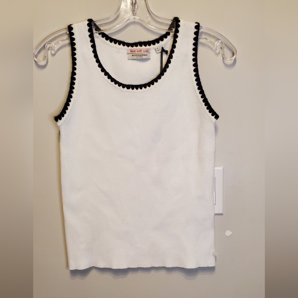 89. NWT - Scotch & Soda White Knitted Sleeveless Top w/ Black Trim - Picture 2 of 9
